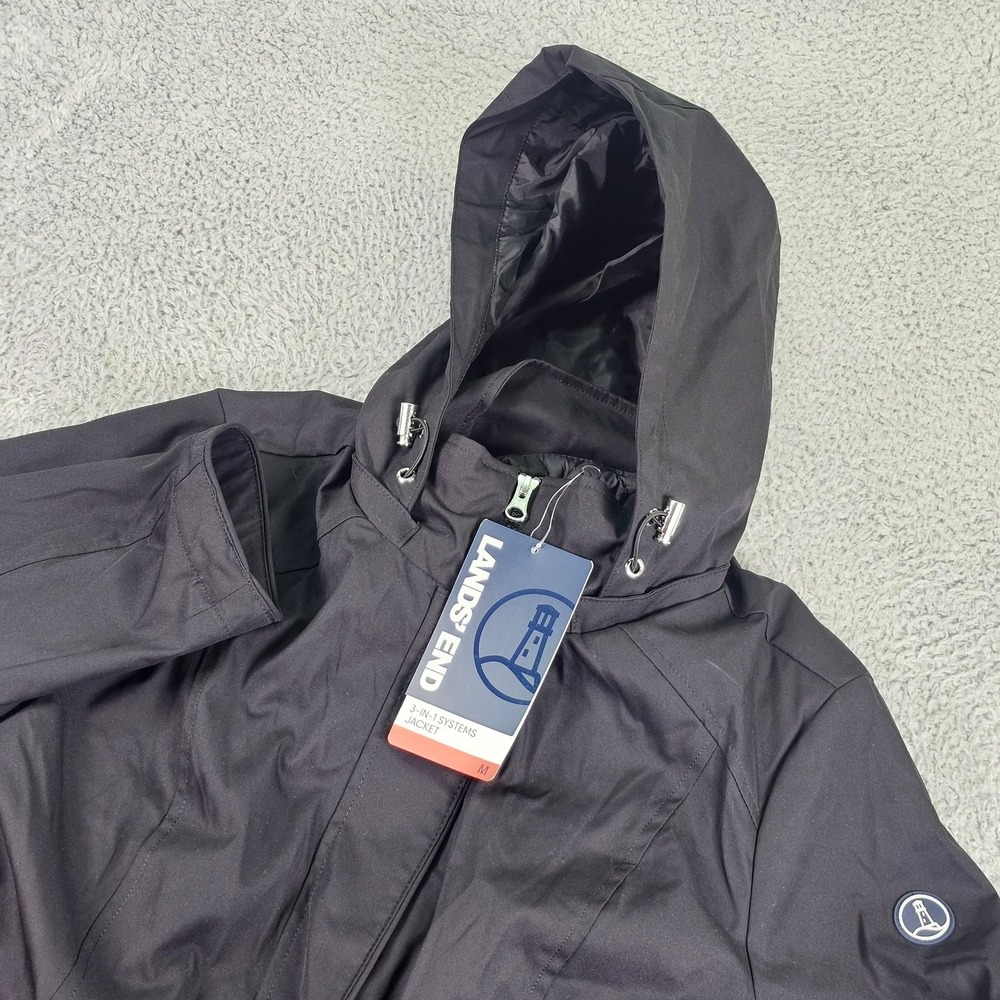 Lands' End 3-in-1 Systems Jacket Womens M Black Hooded Water Resistant Coat